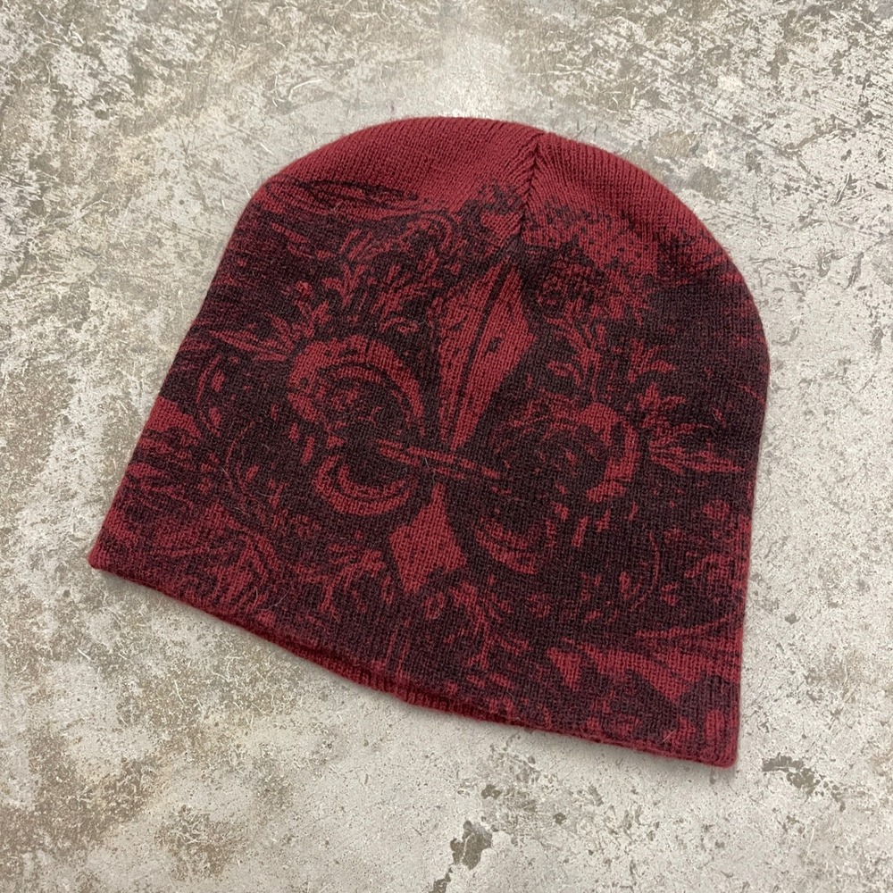 Burgundy Fleur De Lis Graphic Beanie Red Skull Cap Streetwear Knit Hat